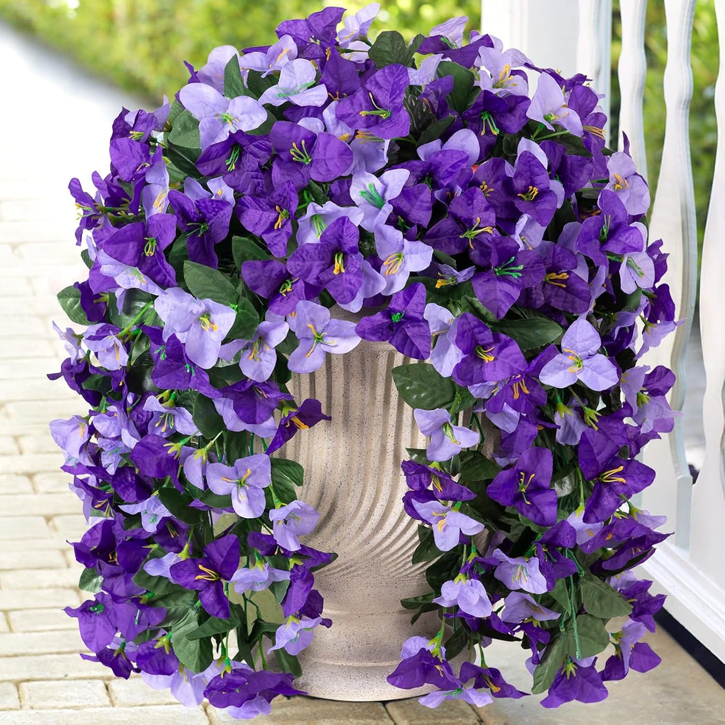 INXUGAO 2 pcs Artificial Faux Bougainvillea Flowers Plants for Outdoor Outside Summer Decoration, Fake Silk UV Resistant Long Trailing Vines for Front Door Porch Planter Balcony (Double Lotus)