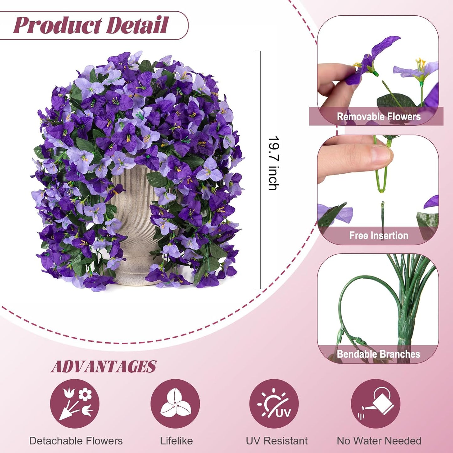 INXUGAO 2 pcs Artificial Faux Bougainvillea Flowers Plants for Outdoor Outside Summer Decoration, Fake Silk UV Resistant Long Trailing Vines for Front Door Porch Planter Balcony (Double Lotus)