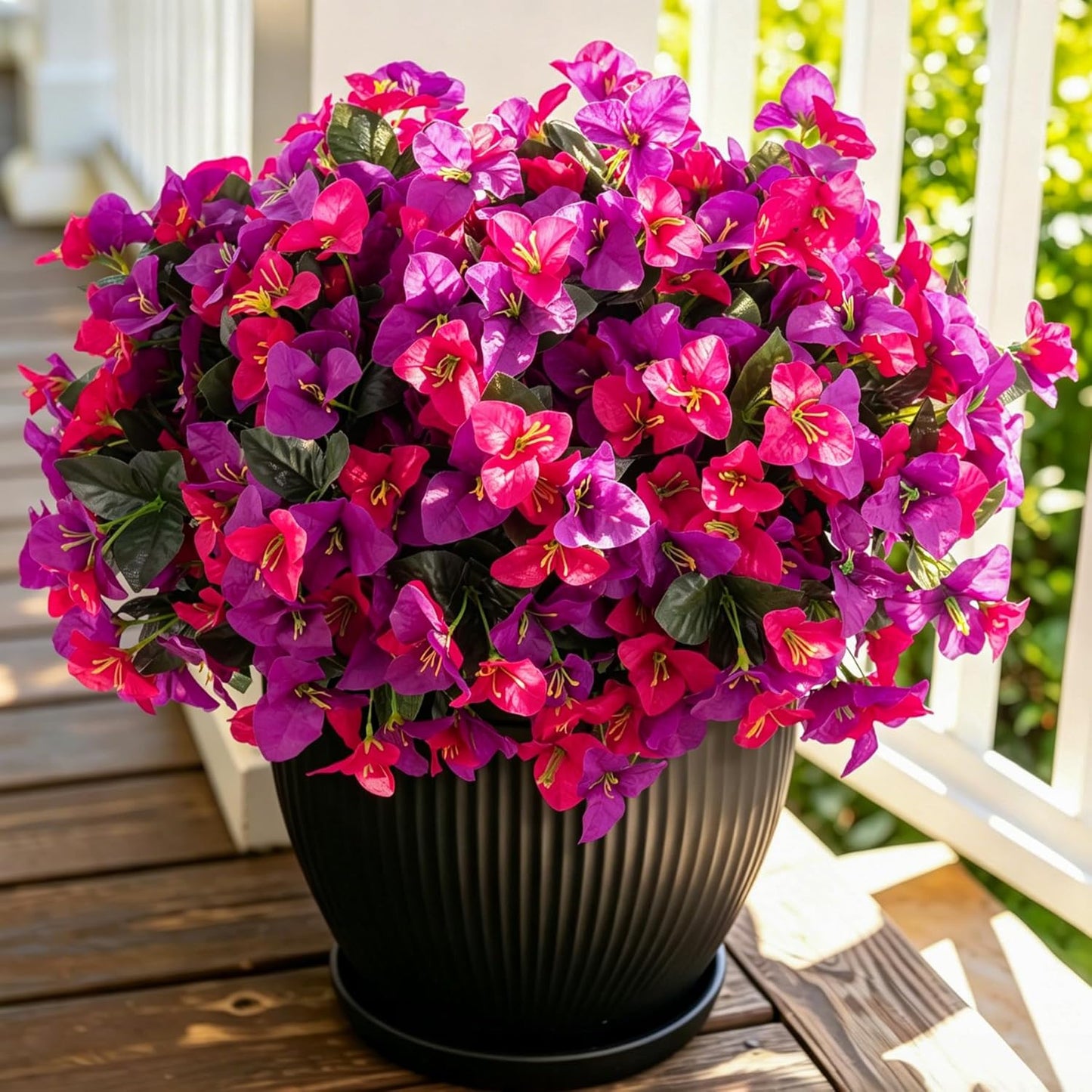 INXUGAO 2 pcs Artificial Faux Bougainvillea Flowers Plants for Outdoor Outside Summer Decoration, Fake Silk UV Resistant Long Trailing Vines for Front Door Porch Planter Balcony (Double Lotus)