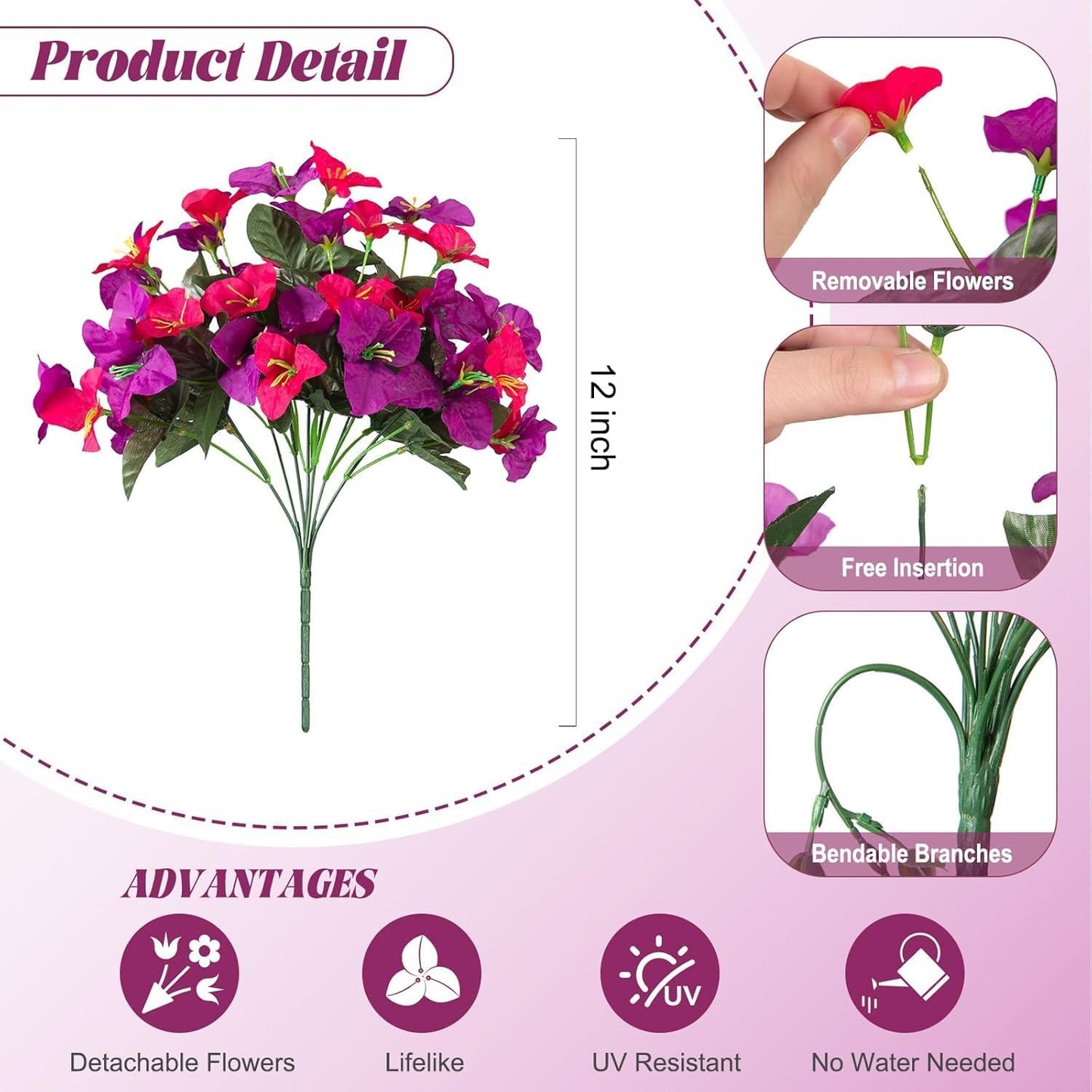 INXUGAO 2 pcs Artificial Faux Bougainvillea Flowers Plants for Outdoor Outside Summer Decoration, Fake Silk UV Resistant Long Trailing Vines for Front Door Porch Planter Balcony (Double Lotus)