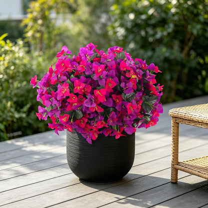 INXUGAO 2 pcs Artificial Faux Bougainvillea Flowers Plants for Outdoor Outside Summer Decoration, Fake Silk UV Resistant Long Trailing Vines for Front Door Porch Planter Balcony (Double Lotus)