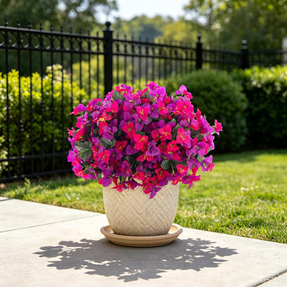 INXUGAO 2 pcs Artificial Faux Bougainvillea Flowers Plants for Outdoor Outside Summer Decoration, Fake Silk UV Resistant Long Trailing Vines for Front Door Porch Planter Balcony (Double Lotus)