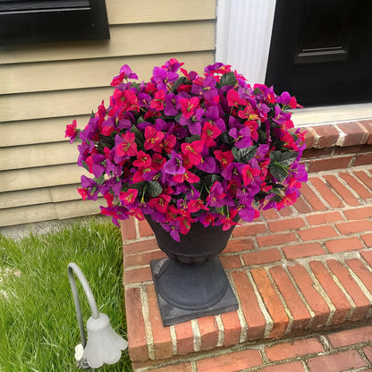 INXUGAO 2 pcs Artificial Faux Bougainvillea Flowers Plants for Outdoor Outside Summer Decoration, Fake Silk UV Resistant Long Trailing Vines for Front Door Porch Planter Balcony (Double Lotus)
