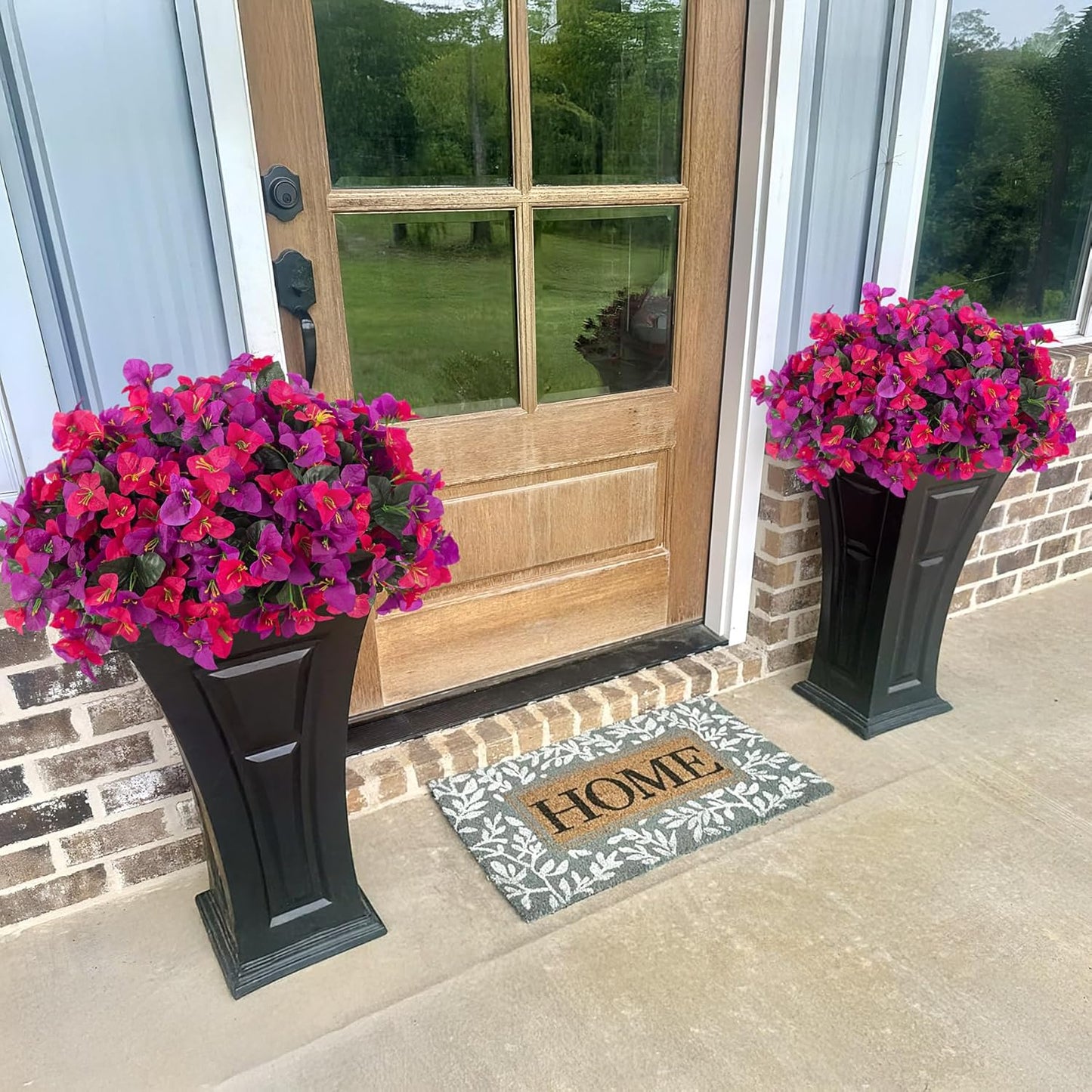 INXUGAO 2 pcs Artificial Faux Bougainvillea Flowers Plants for Outdoor Outside Summer Decoration, Fake Silk UV Resistant Long Trailing Vines for Front Door Porch Planter Balcony (Double Lotus)