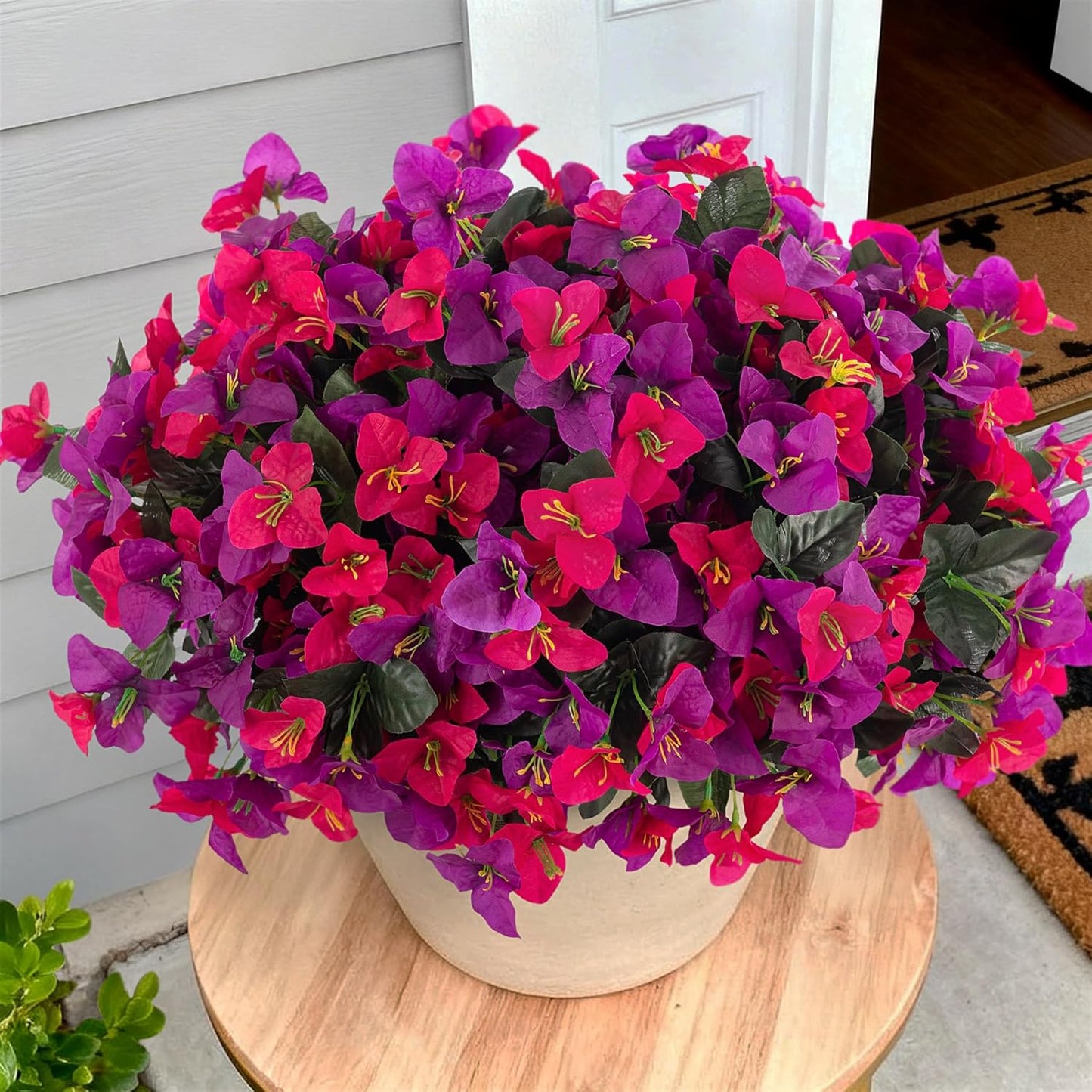 INXUGAO 2 pcs Artificial Faux Bougainvillea Flowers Plants for Outdoor Outside Summer Decoration, Fake Silk UV Resistant Long Trailing Vines for Front Door Porch Planter Balcony (Double Lotus)