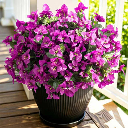 INXUGAO 2 pcs Artificial Faux Bougainvillea Flowers Plants for Outdoor Outside Summer Decoration, Fake Silk UV Resistant Long Trailing Vines for Front Door Porch Planter Balcony (Double Lotus)