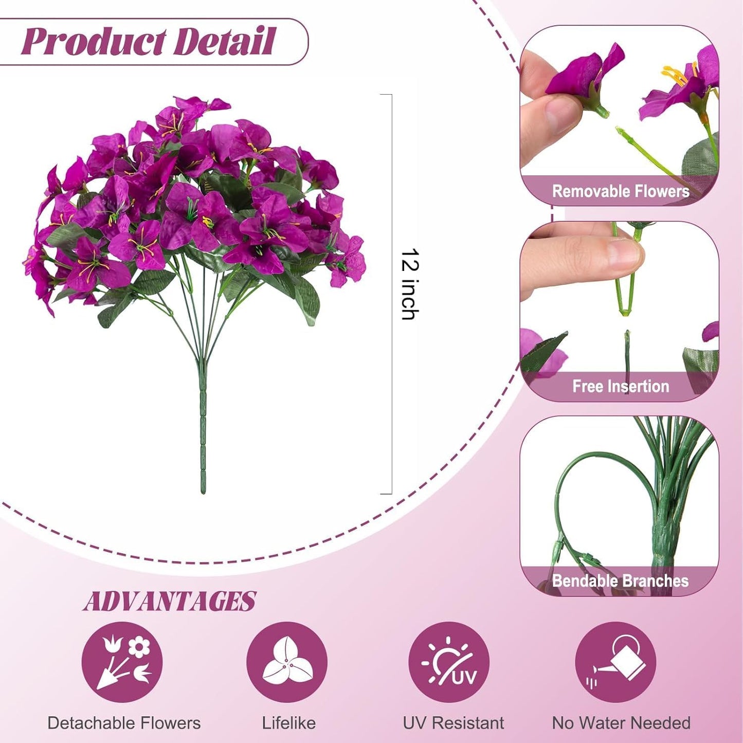 INXUGAO 2 pcs Artificial Faux Bougainvillea Flowers Plants for Outdoor Outside Summer Decoration, Fake Silk UV Resistant Long Trailing Vines for Front Door Porch Planter Balcony (Double Lotus)