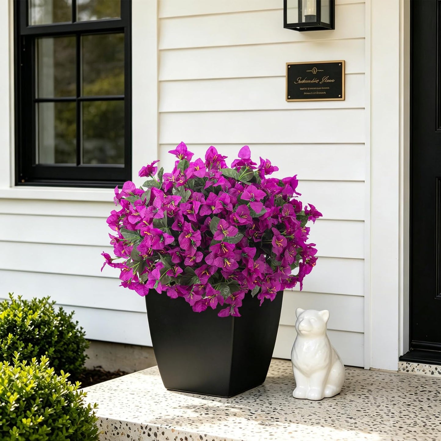 INXUGAO 2 pcs Artificial Faux Bougainvillea Flowers Plants for Outdoor Outside Summer Decoration, Fake Silk UV Resistant Long Trailing Vines for Front Door Porch Planter Balcony (Double Lotus)