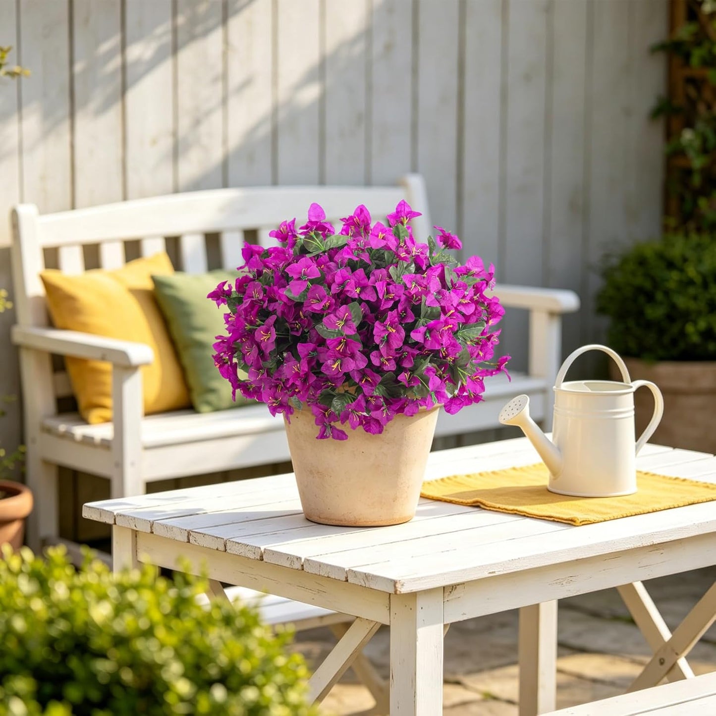 INXUGAO 2 pcs Artificial Faux Bougainvillea Flowers Plants for Outdoor Outside Summer Decoration, Fake Silk UV Resistant Long Trailing Vines for Front Door Porch Planter Balcony (Double Lotus)