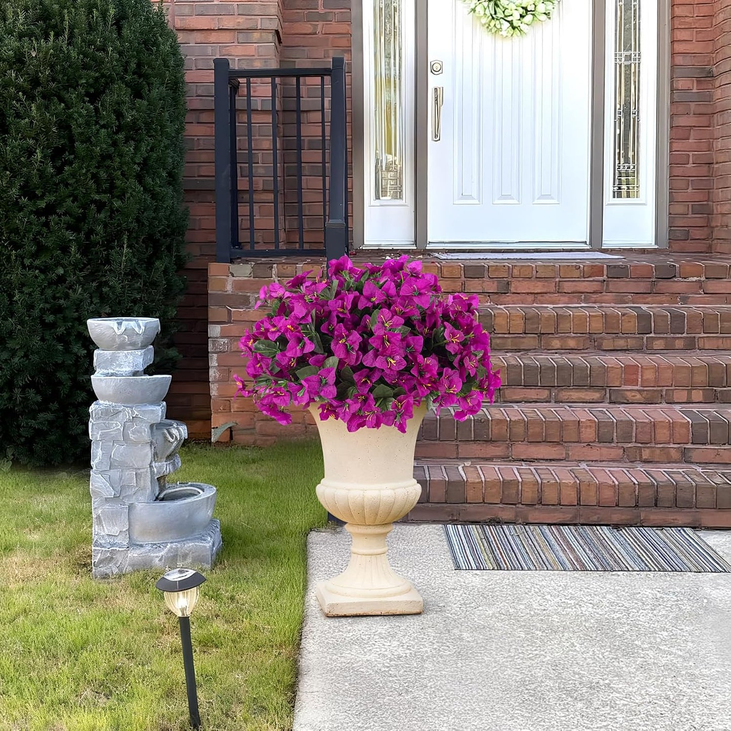 INXUGAO 2 pcs Artificial Faux Bougainvillea Flowers Plants for Outdoor Outside Summer Decoration, Fake Silk UV Resistant Long Trailing Vines for Front Door Porch Planter Balcony (Double Lotus)