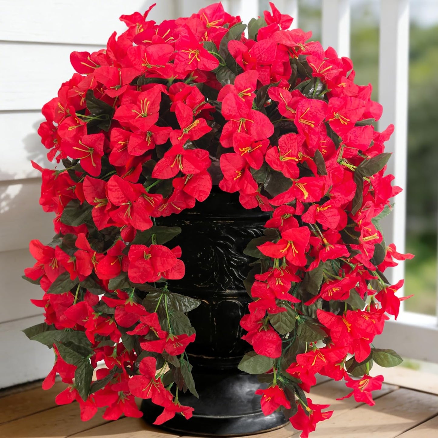 INXUGAO 2 pcs Artificial Faux Bougainvillea Flowers Plants for Outdoor Outside Summer Decoration, Fake Silk UV Resistant Long Trailing Vines for Front Door Porch Planter Balcony (Double Lotus)