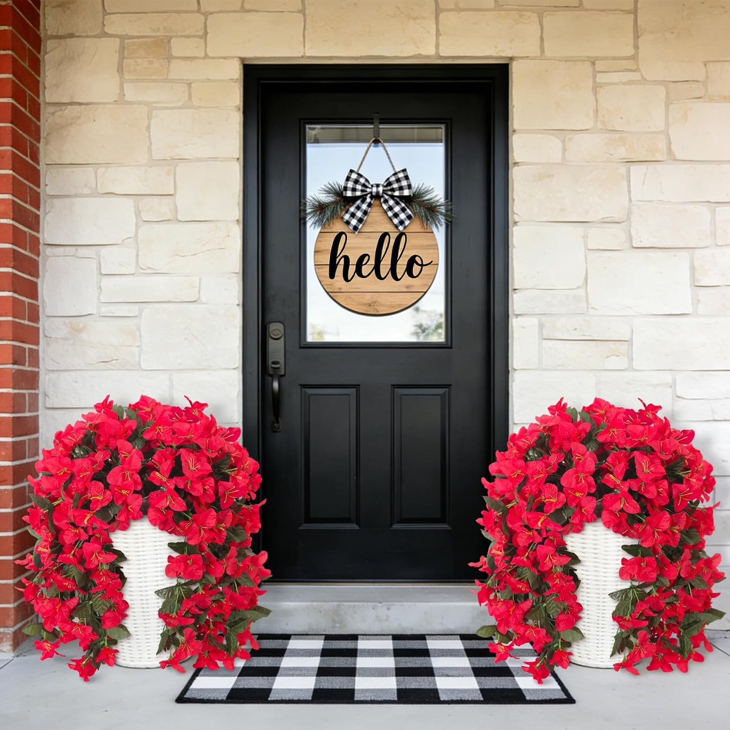 INXUGAO 2 pcs Artificial Faux Bougainvillea Flowers Plants for Outdoor Outside Summer Decoration, Fake Silk UV Resistant Long Trailing Vines for Front Door Porch Planter Balcony (Double Lotus)