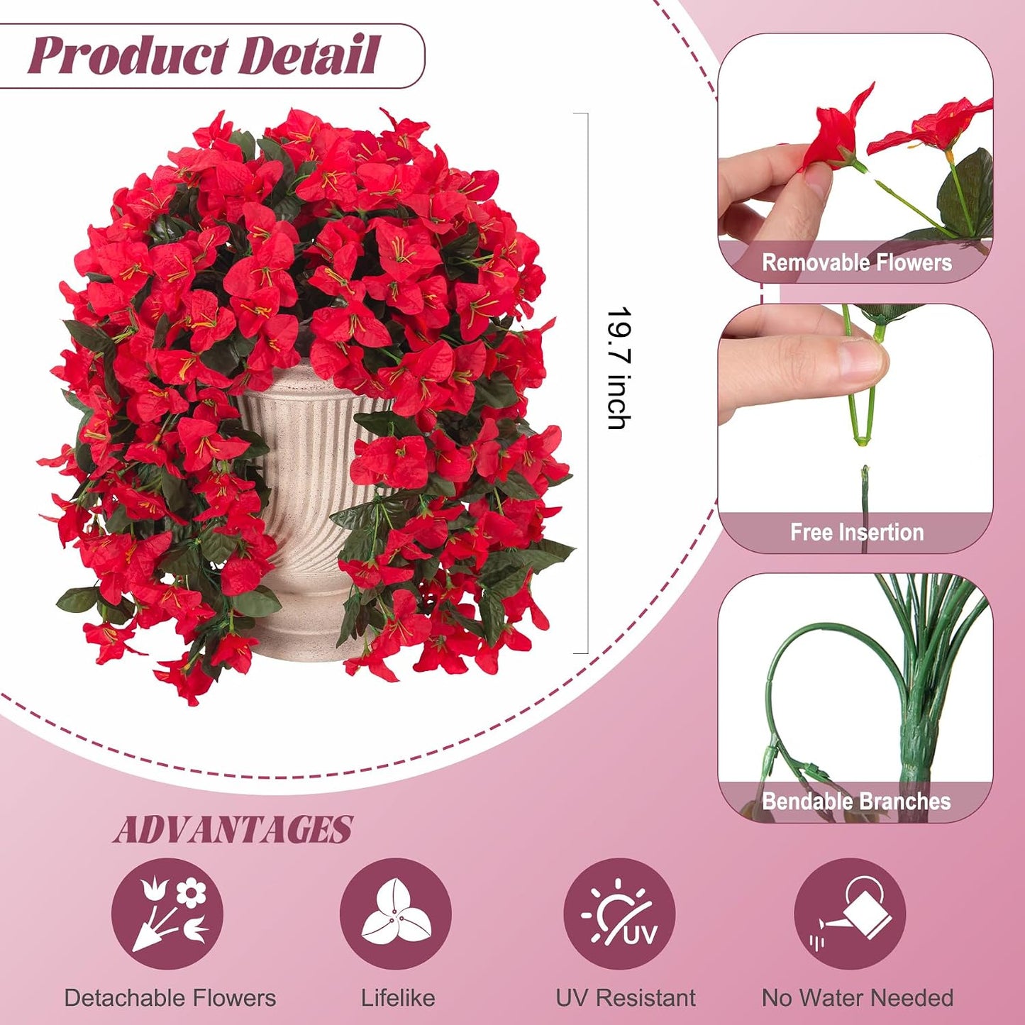 INXUGAO 2 pcs Artificial Faux Bougainvillea Flowers Plants for Outdoor Outside Summer Decoration, Fake Silk UV Resistant Long Trailing Vines for Front Door Porch Planter Balcony (Double Lotus)