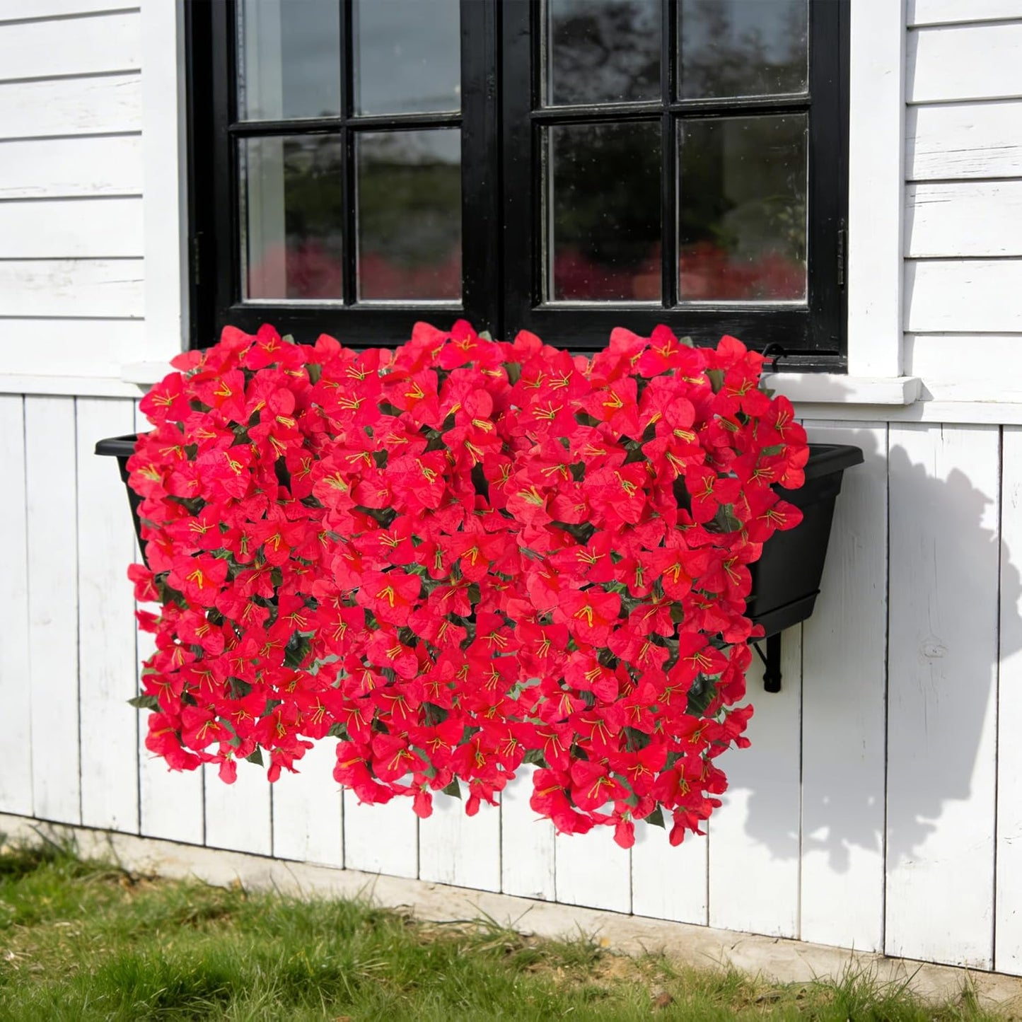 INXUGAO 2 pcs Artificial Faux Bougainvillea Flowers Plants for Outdoor Outside Summer Decoration, Fake Silk UV Resistant Long Trailing Vines for Front Door Porch Planter Balcony (Double Lotus)