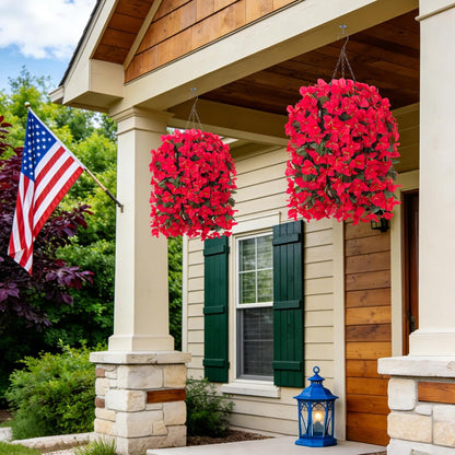 INXUGAO 2 pcs Artificial Faux Bougainvillea Flowers Plants for Outdoor Outside Summer Decoration, Fake Silk UV Resistant Long Trailing Vines for Front Door Porch Planter Balcony (Double Lotus)