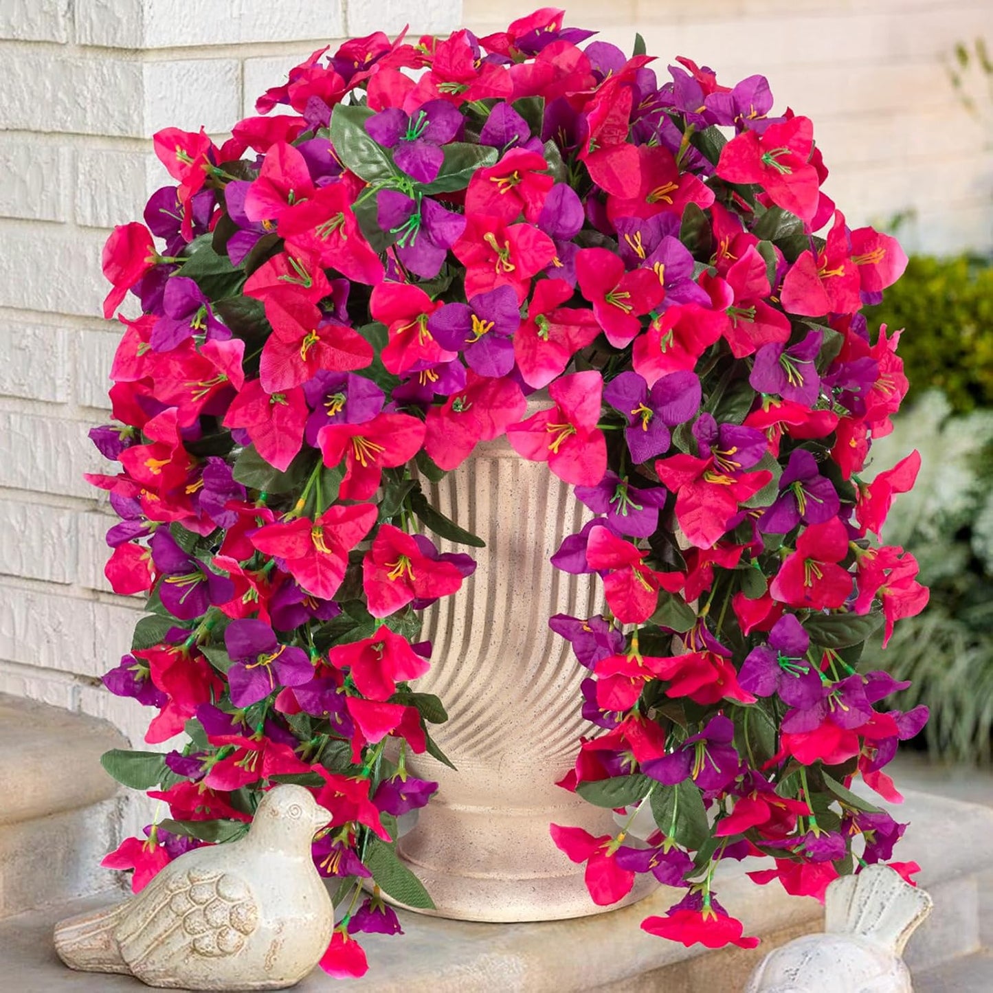 INXUGAO 2 pcs Artificial Faux Bougainvillea Flowers Plants for Outdoor Outside Summer Decoration, Fake Silk UV Resistant Long Trailing Vines for Front Door Porch Planter Balcony (Double Lotus)