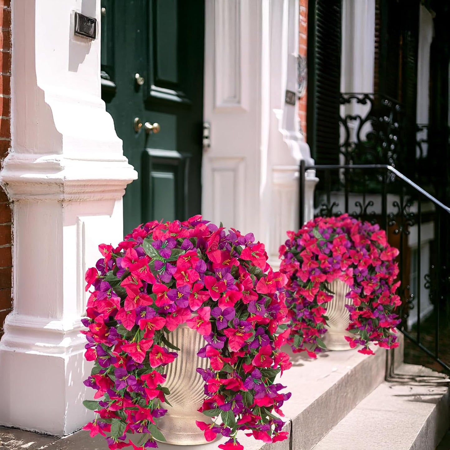 INXUGAO 2 pcs Artificial Faux Bougainvillea Flowers Plants for Outdoor Outside Summer Decoration, Fake Silk UV Resistant Long Trailing Vines for Front Door Porch Planter Balcony (Double Lotus)