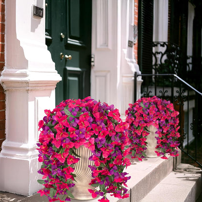INXUGAO 2 pcs Artificial Faux Bougainvillea Flowers Plants for Outdoor Outside Summer Decoration, Fake Silk UV Resistant Long Trailing Vines for Front Door Porch Planter Balcony (Double Lotus)