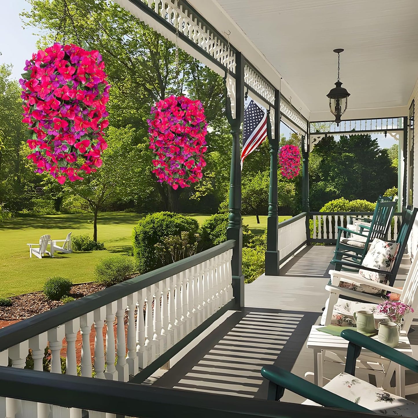 INXUGAO 2 pcs Artificial Faux Bougainvillea Flowers Plants for Outdoor Outside Summer Decoration, Fake Silk UV Resistant Long Trailing Vines for Front Door Porch Planter Balcony (Double Lotus)