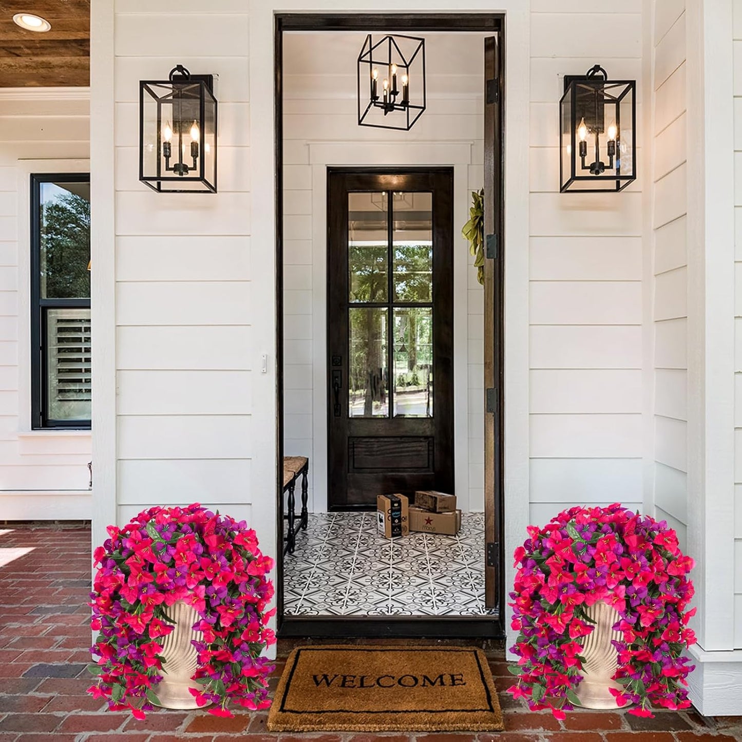 INXUGAO 2 pcs Artificial Faux Bougainvillea Flowers Plants for Outdoor Outside Summer Decoration, Fake Silk UV Resistant Long Trailing Vines for Front Door Porch Planter Balcony (Double Lotus)
