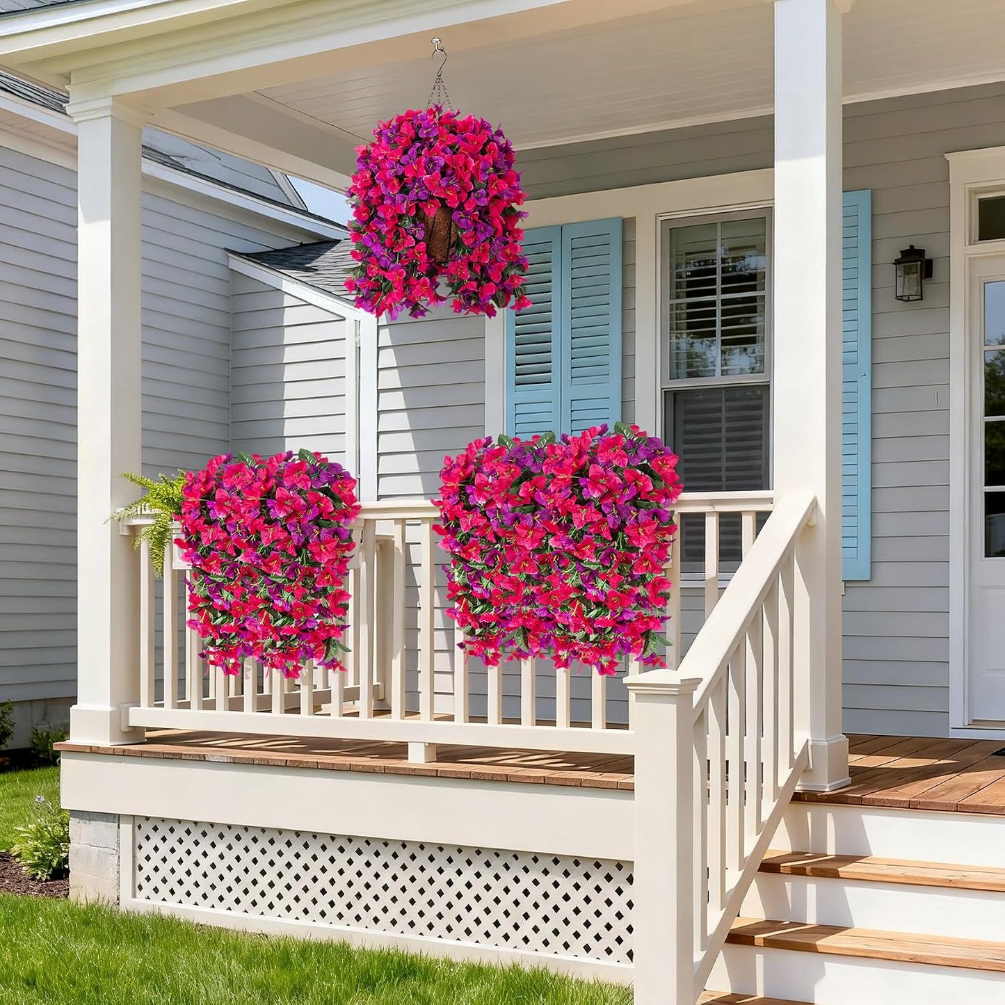 INXUGAO 2 pcs Artificial Faux Bougainvillea Flowers Plants for Outdoor Outside Summer Decoration, Fake Silk UV Resistant Long Trailing Vines for Front Door Porch Planter Balcony (Double Lotus)