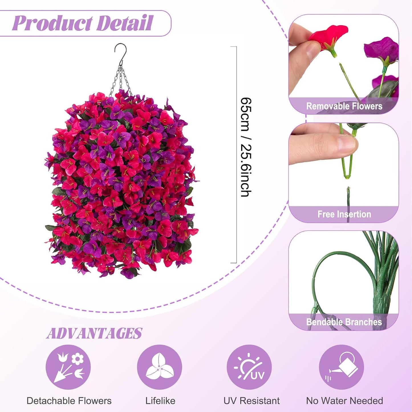 INXUGAO 2 pcs Artificial Faux Bougainvillea Flowers Plants for Outdoor Outside Summer Decoration, Fake Silk UV Resistant Long Trailing Vines for Front Door Porch Planter Balcony (Double Lotus)