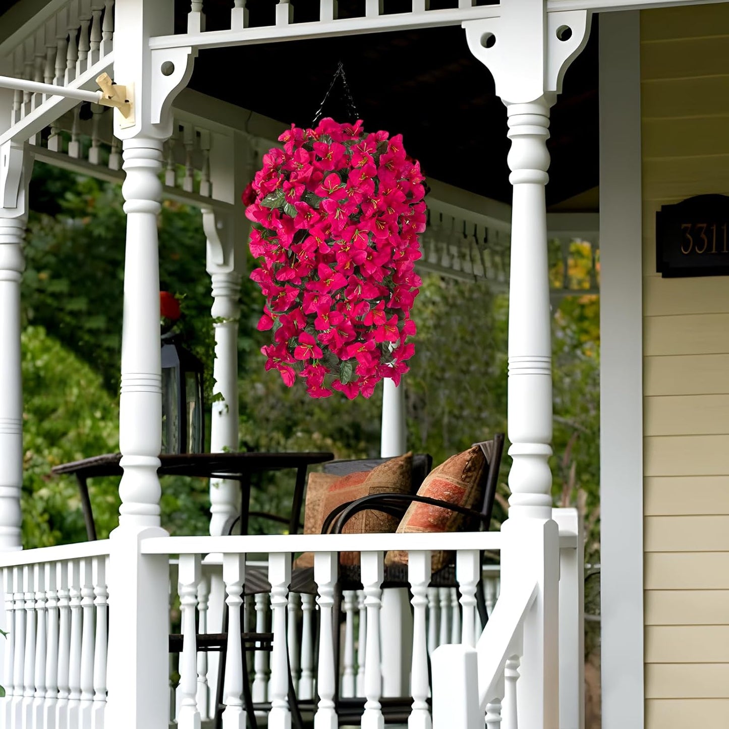 INXUGAO 2 pcs Artificial Faux Bougainvillea Flowers Plants for Outdoor Outside Summer Decoration, Fake Silk UV Resistant Long Trailing Vines for Front Door Porch Planter Balcony (Double Lotus)