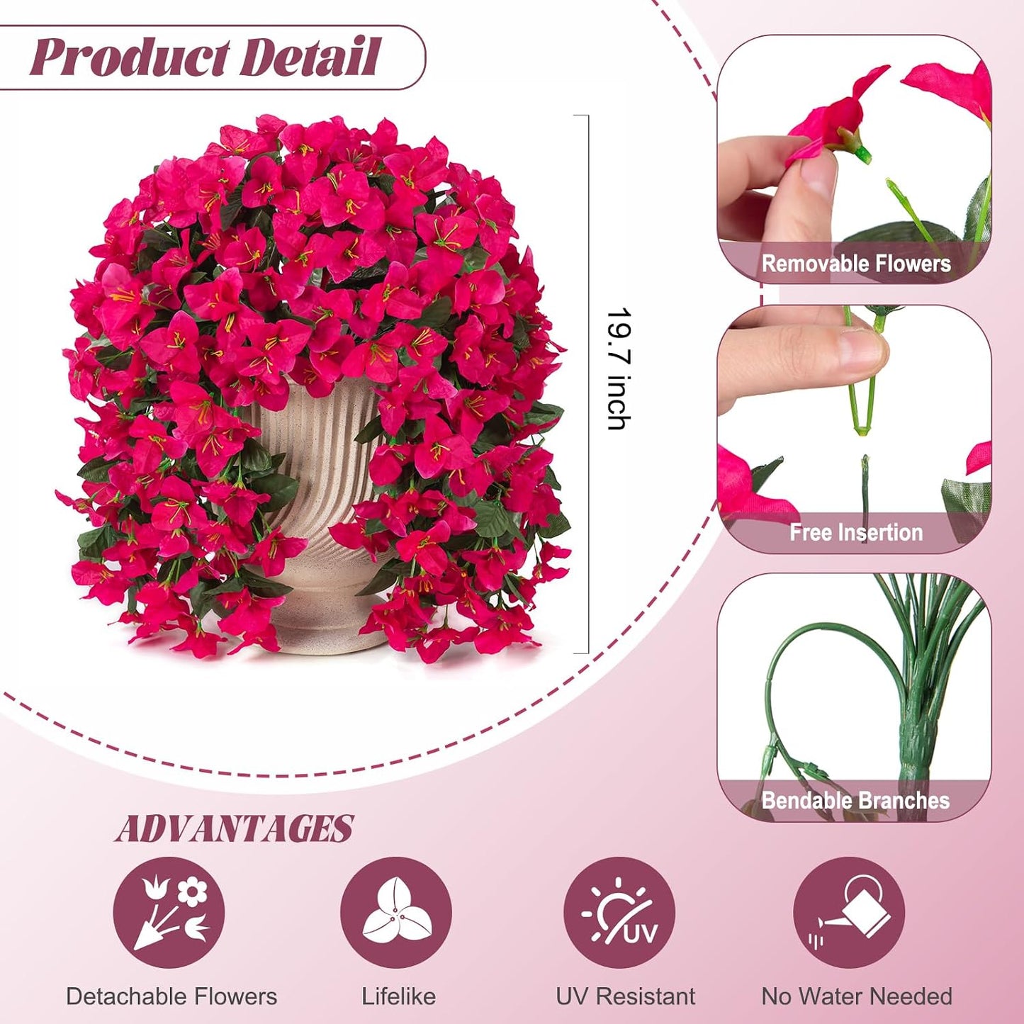 INXUGAO 2 pcs Artificial Faux Bougainvillea Flowers Plants for Outdoor Outside Summer Decoration, Fake Silk UV Resistant Long Trailing Vines for Front Door Porch Planter Balcony (Double Lotus)