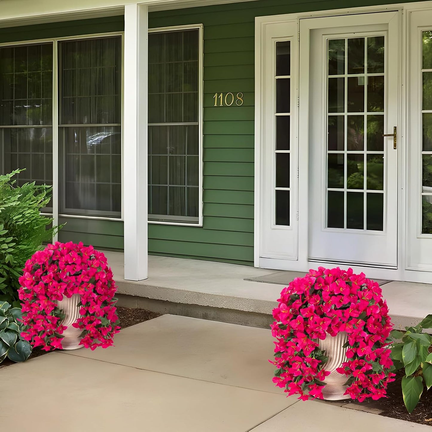 INXUGAO 2 pcs Artificial Faux Bougainvillea Flowers Plants for Outdoor Outside Summer Decoration, Fake Silk UV Resistant Long Trailing Vines for Front Door Porch Planter Balcony (Double Lotus)
