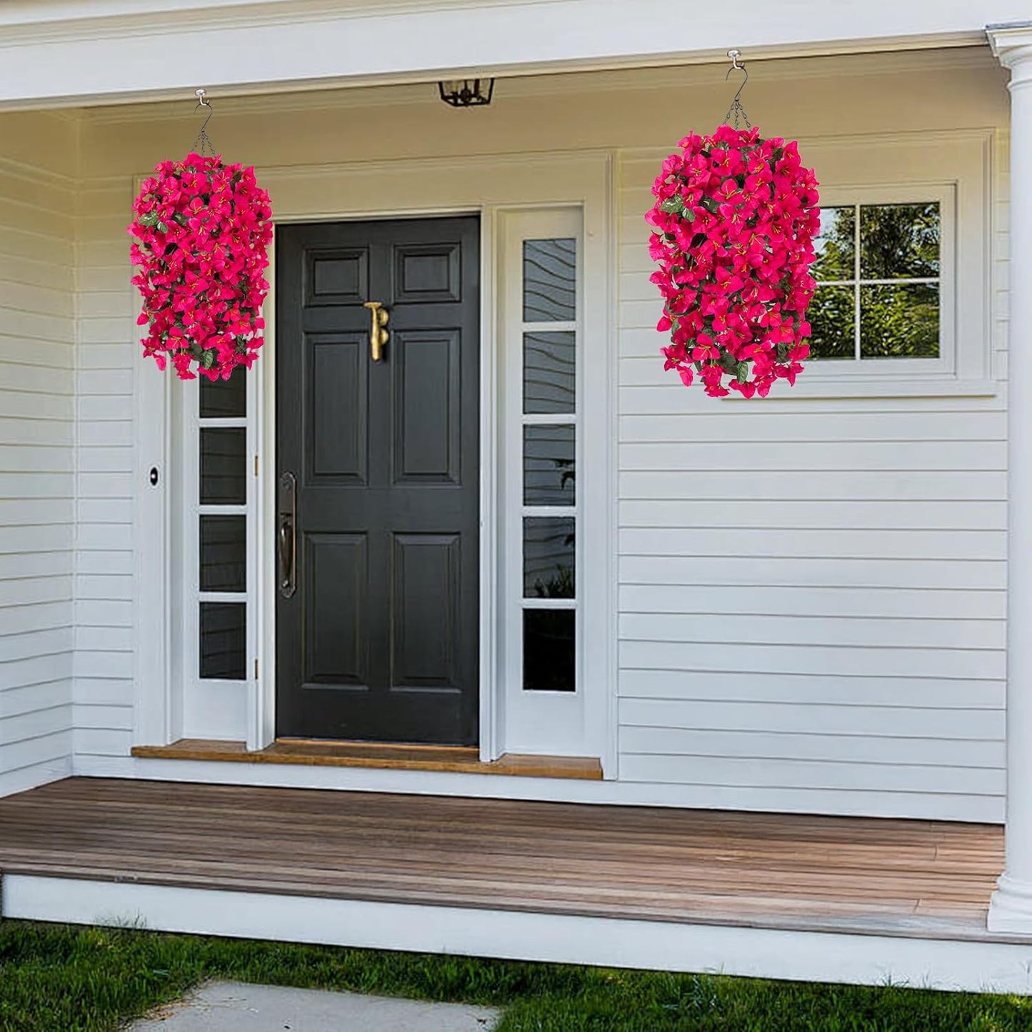 INXUGAO 2 pcs Artificial Faux Bougainvillea Flowers Plants for Outdoor Outside Summer Decoration, Fake Silk UV Resistant Long Trailing Vines for Front Door Porch Planter Balcony (Double Lotus)