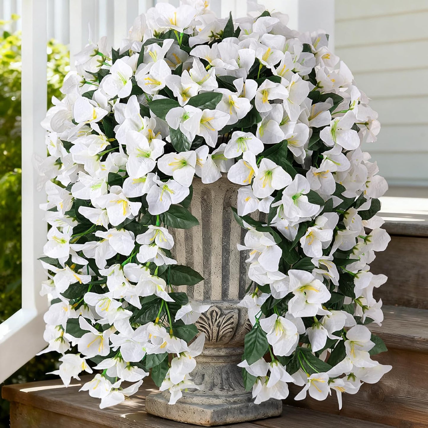 INXUGAO 2 pcs Artificial Faux Bougainvillea Flowers Plants for Outdoor Outside Summer Decoration, Fake Silk UV Resistant Long Trailing Vines for Front Door Porch Planter Balcony (Double Lotus)