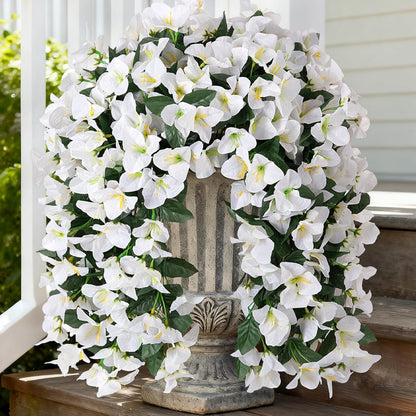 INXUGAO 2 pcs Artificial Faux Bougainvillea Flowers Plants for Outdoor Outside Summer Decoration, Fake Silk UV Resistant Long Trailing Vines for Front Door Porch Planter Balcony (Double Lotus)
