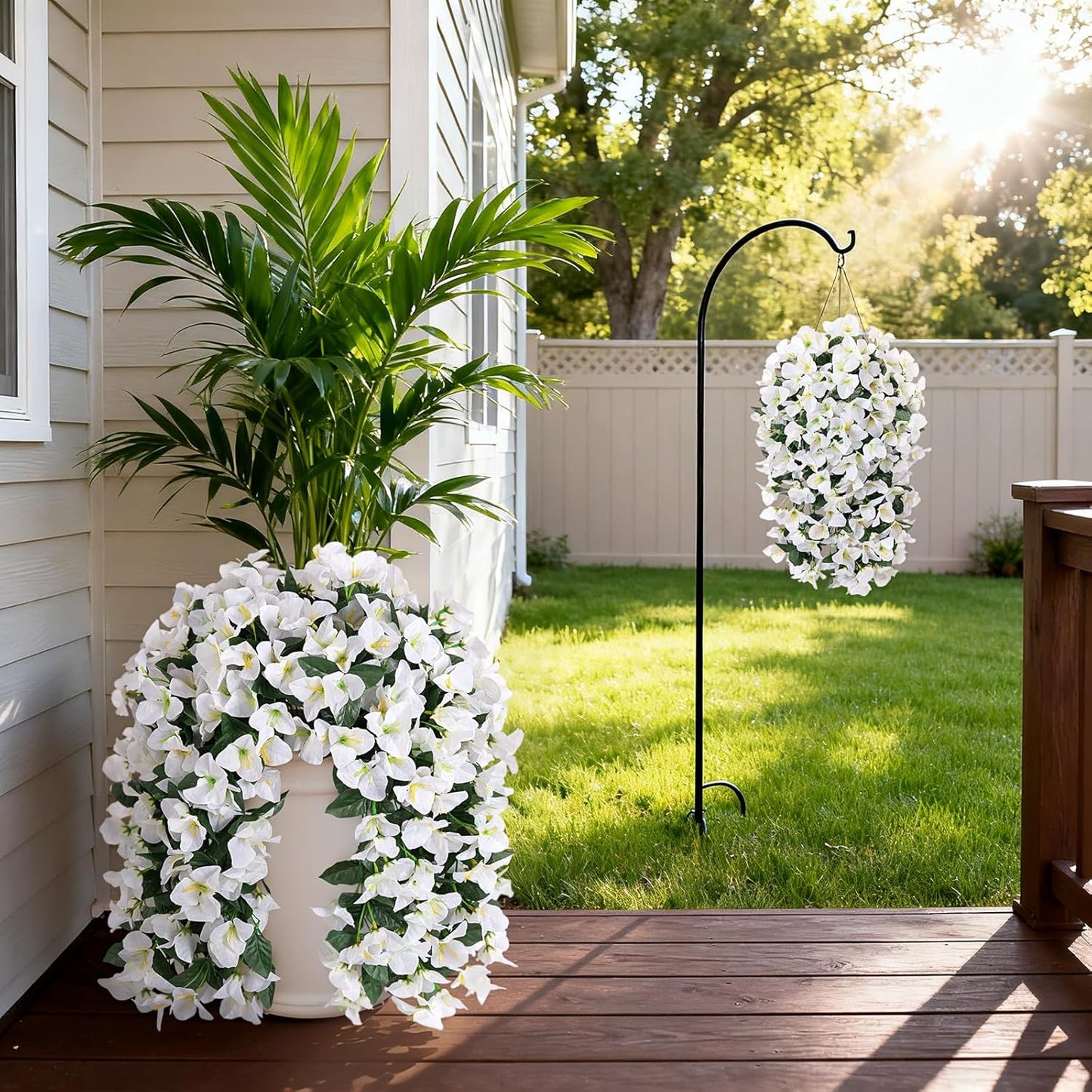 INXUGAO 2 pcs Artificial Faux Bougainvillea Flowers Plants for Outdoor Outside Summer Decoration, Fake Silk UV Resistant Long Trailing Vines for Front Door Porch Planter Balcony (Double Lotus)
