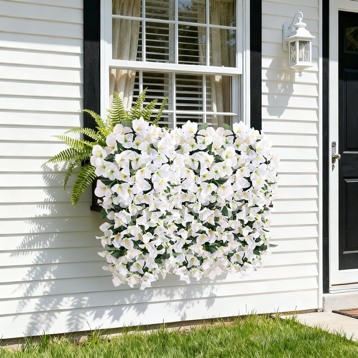 INXUGAO 2 pcs Artificial Faux Bougainvillea Flowers Plants for Outdoor Outside Summer Decoration, Fake Silk UV Resistant Long Trailing Vines for Front Door Porch Planter Balcony (Double Lotus)