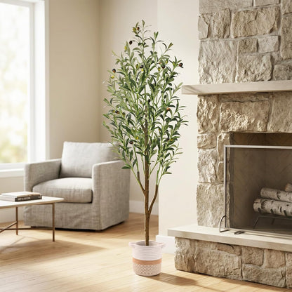 6FT Artificial Olive Tree Indoor Tall Faux with Planter & Basket | Large Fake Olive Silk Trees Realistic Olive Plants with Branches and Fruits for Office Decor Home Living Room