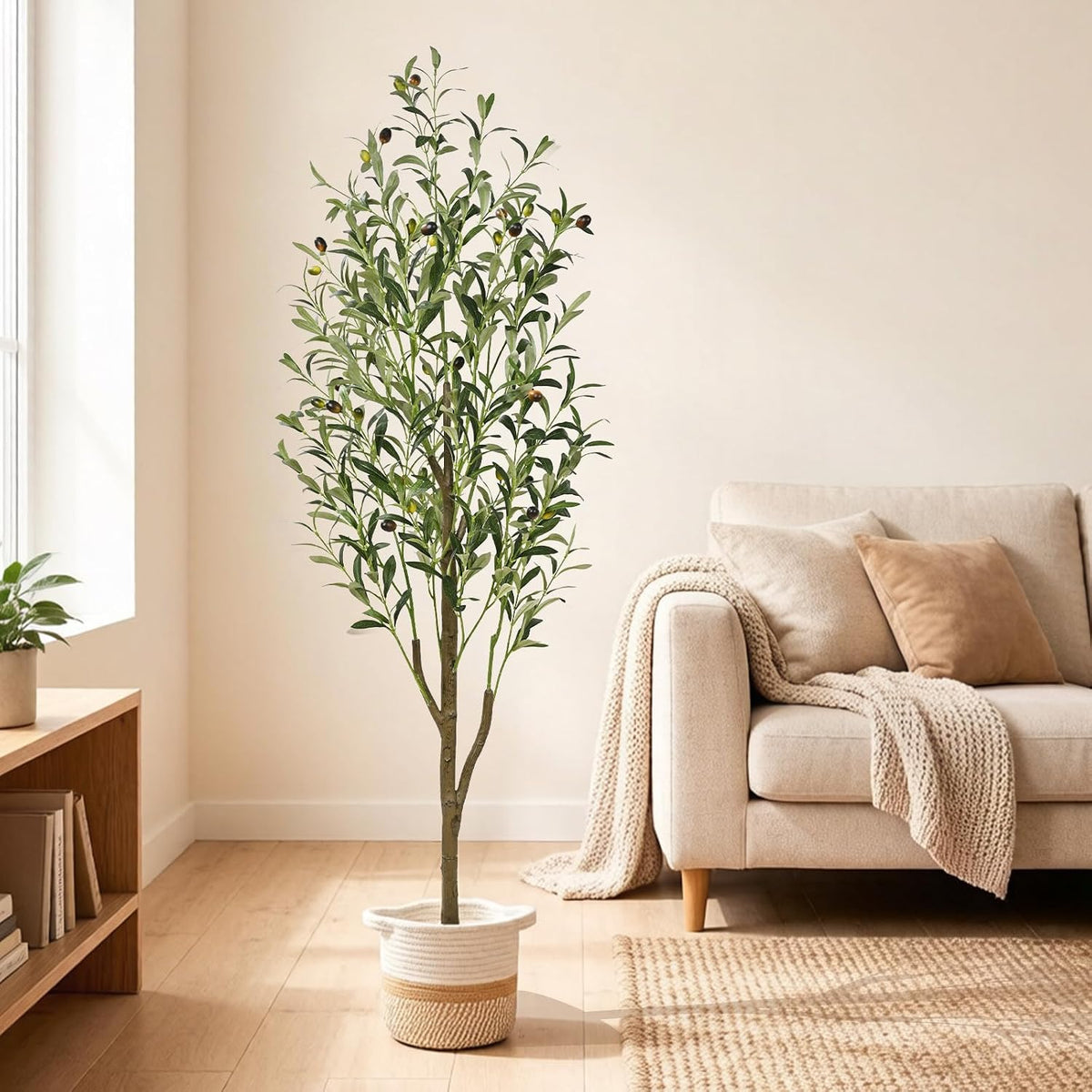 6FT Artificial Olive Tree Indoor Tall Faux with Planter & Basket | Large Fake Olive Silk Trees Realistic Olive Plants with Branches and Fruits for Office Decor Home Living Room