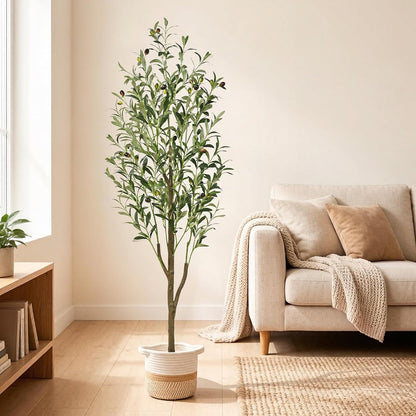 6FT Artificial Olive Tree Indoor Tall Faux with Planter & Basket | Large Fake Olive Silk Trees Realistic Olive Plants with Branches and Fruits for Office Decor Home Living Room