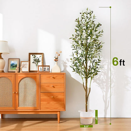 6FT Artificial Olive Tree Indoor Tall Faux with Planter & Basket | Large Fake Olive Silk Trees Realistic Olive Plants with Branches and Fruits for Office Decor Home Living Room