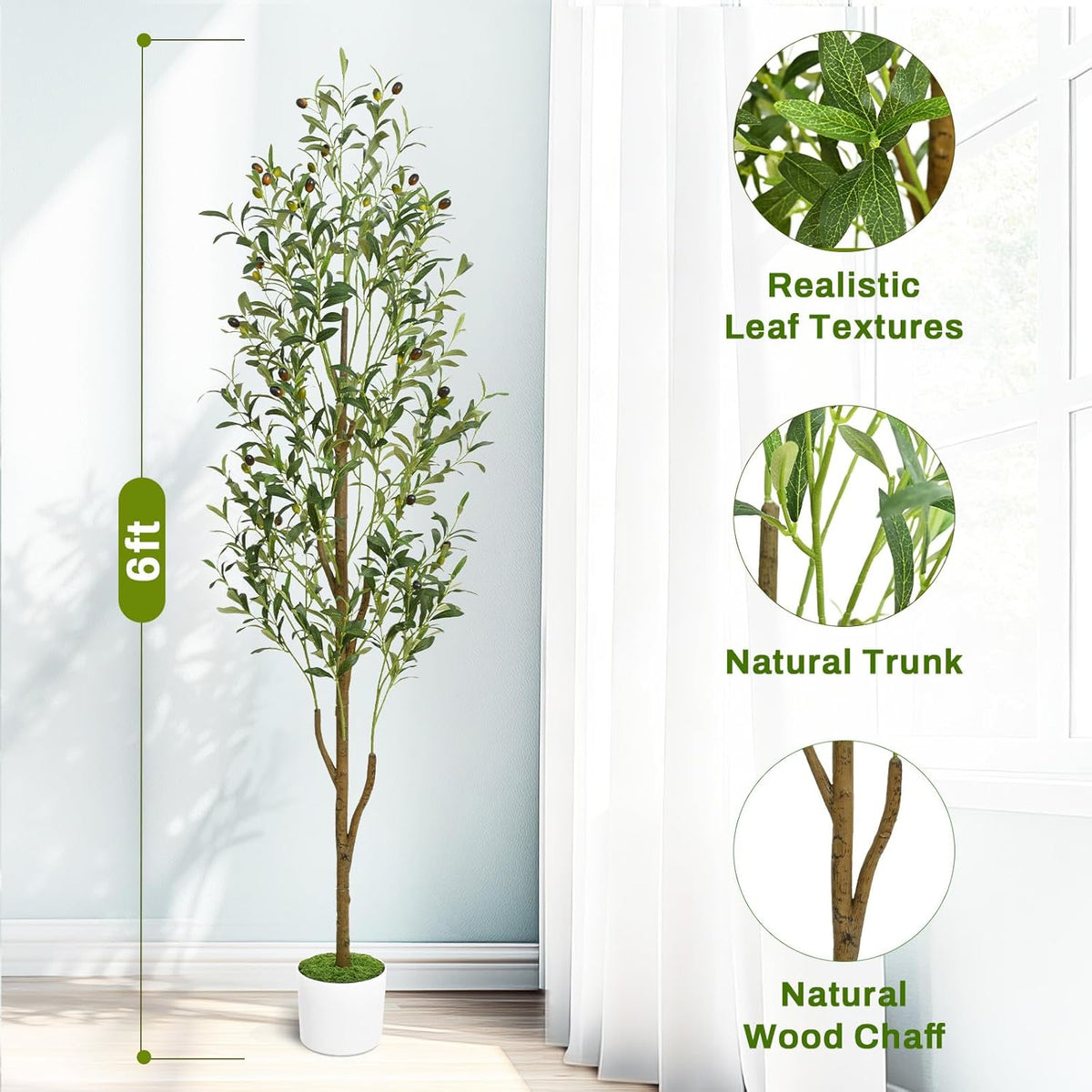 6FT Artificial Olive Tree Indoor Tall Faux with Planter & Basket | Large Fake Olive Silk Trees Realistic Olive Plants with Branches and Fruits for Office Decor Home Living Room
