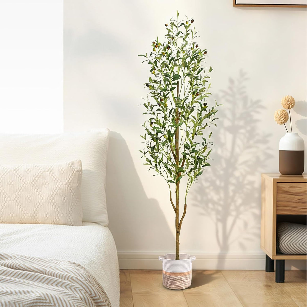 6FT Artificial Olive Tree Indoor Tall Faux with Planter & Basket | Large Fake Olive Silk Trees Realistic Olive Plants with Branches and Fruits for Office Decor Home Living Room