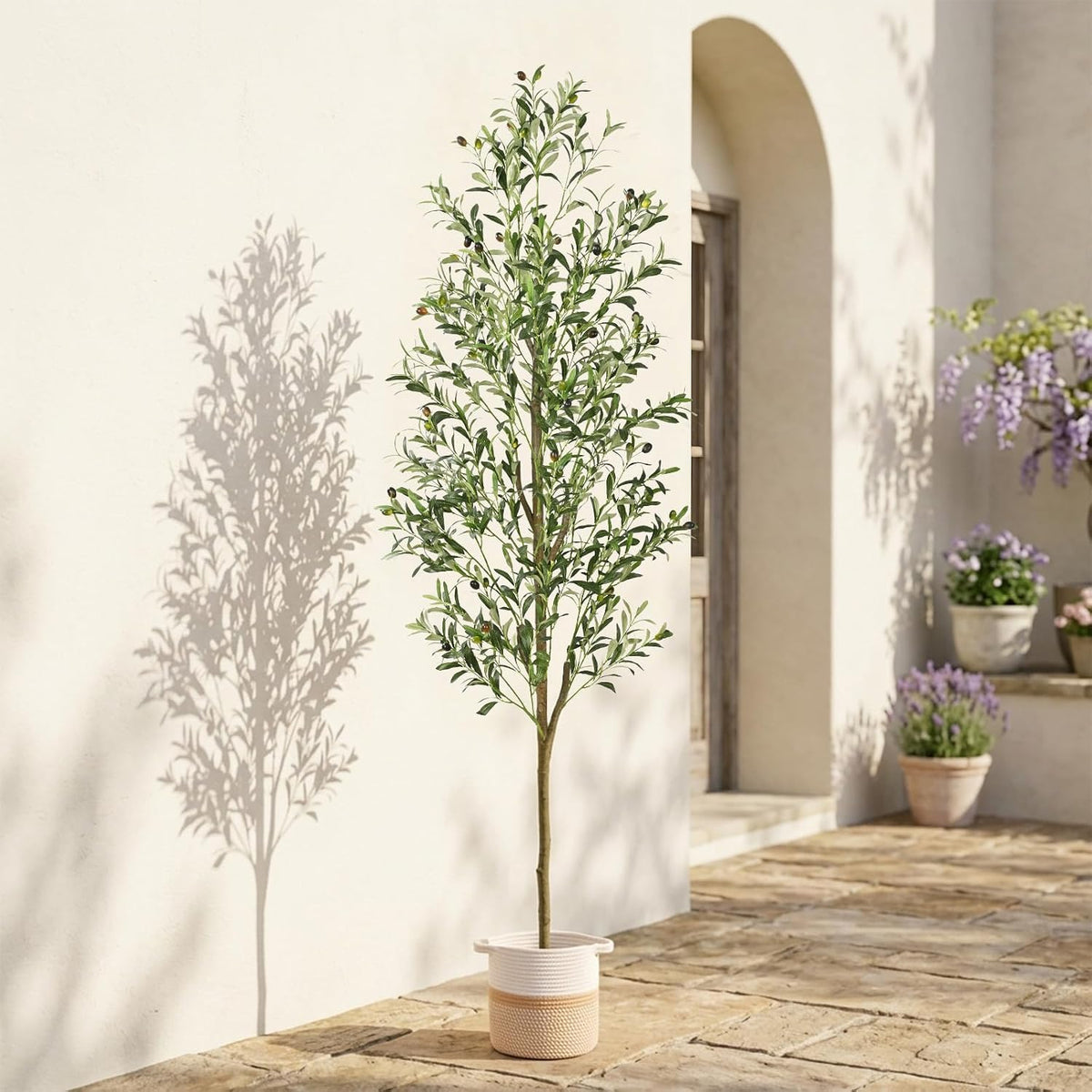 6FT Artificial Olive Tree Indoor Tall Faux with Planter & Basket | Large Fake Olive Silk Trees Realistic Olive Plants with Branches and Fruits for Office Decor Home Living Room
