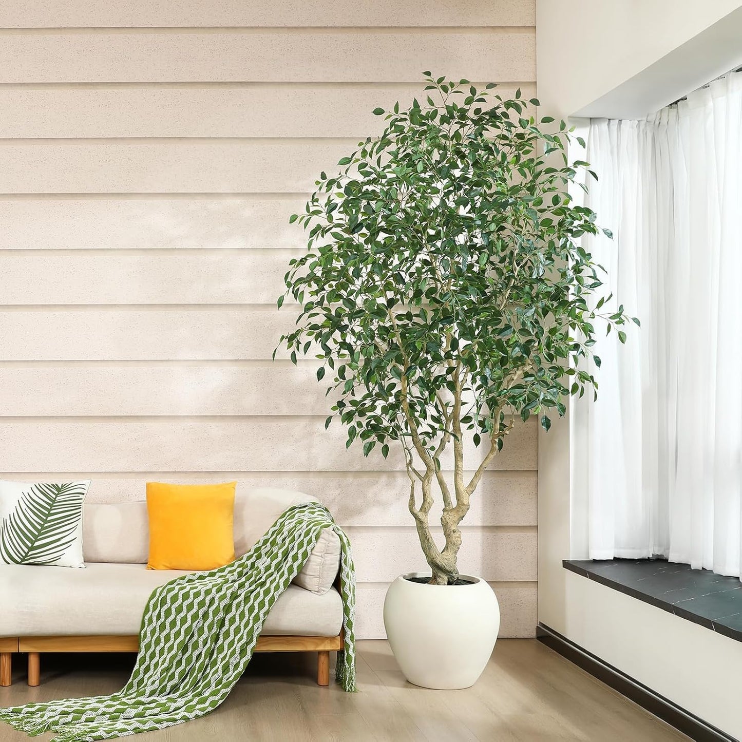 Ficus Tree Artificial Indoor, 8 Feet Tall Faux Ficus Tree with Round Artisan Planter, Premium Handmade, Realistic Trunk & Lifelike Leaves, Perfect for Large Spaces & Elegant Home/Office Decor