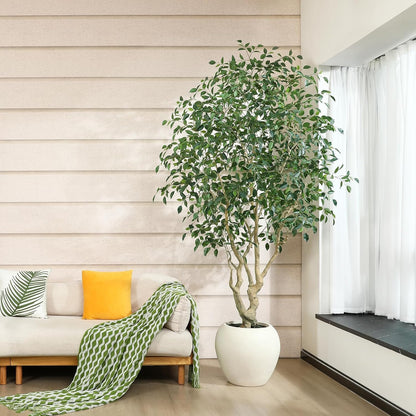 Ficus Tree Artificial Indoor, 8 Feet Tall Faux Ficus Tree with Round Artisan Planter, Premium Handmade, Realistic Trunk & Lifelike Leaves, Perfect for Large Spaces & Elegant Home/Office Decor
