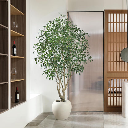 Ficus Tree Artificial Indoor, 8 Feet Tall Faux Ficus Tree with Round Artisan Planter, Premium Handmade, Realistic Trunk & Lifelike Leaves, Perfect for Large Spaces & Elegant Home/Office Decor
