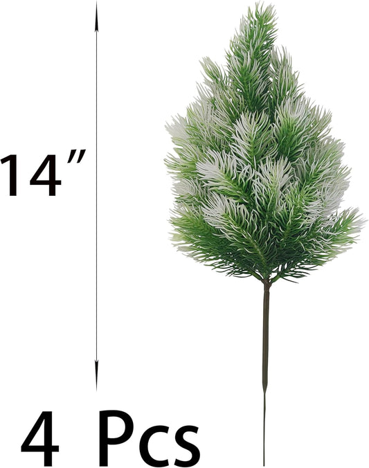 4 Pack Artificial Norfolk Pine Trees with Ground Spike, 14''Small Fake Pine Tree Decor, Artificial Outdoor Shrubs for Garden Yard Front Door Porch Patio Planter Decor (4, 14 inches)