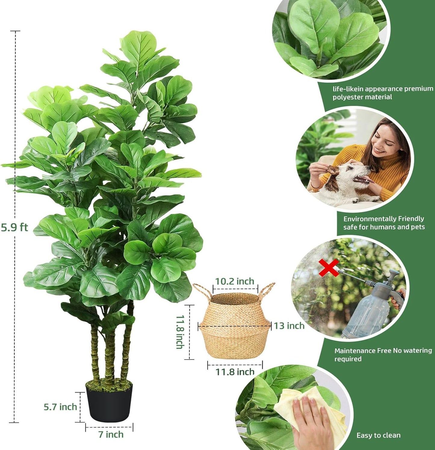 Artificial Fiddle Leaf Fig Tree,6 FT Tall Artificial Tree with Woven Seagrass Plant Basket Fake Floor Plant in Pot for Home Decor Living Room Indoor Outdoor Office Bedroom Decor