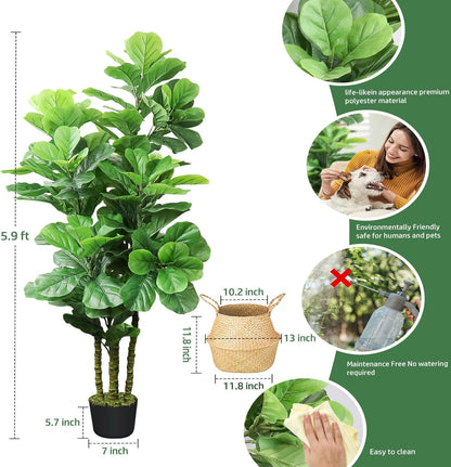 Artificial Fiddle Leaf Fig Tree,6 FT Tall Artificial Tree with Woven Seagrass Plant Basket Fake Floor Plant in Pot for Home Decor Living Room Indoor Outdoor Office Bedroom Decor