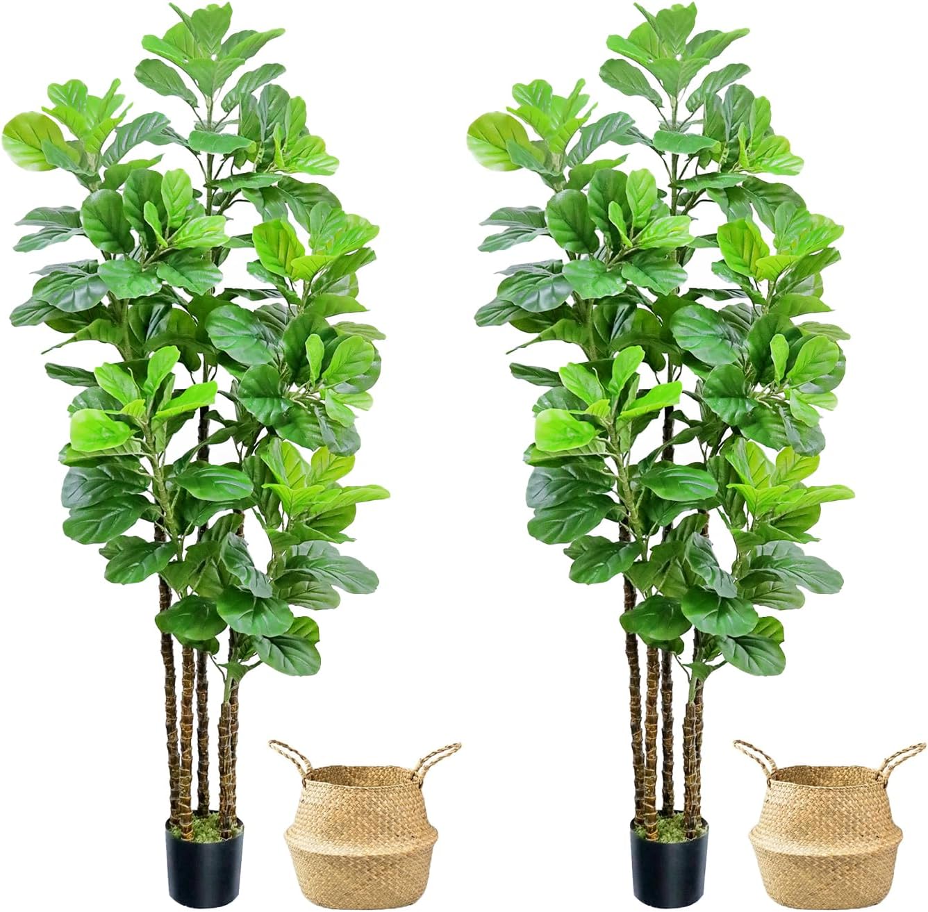 Artificial Fiddle Leaf Fig Tree,6 FT Tall Artificial Tree with Woven Seagrass Plant Basket Fake Floor Plant in Pot for Home Decor Living Room Indoor Outdoor Office Bedroom Decor
