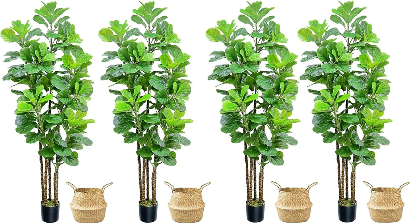 Artificial Fiddle Leaf Fig Tree,6 FT Tall Artificial Tree with Woven Seagrass Plant Basket Fake Floor Plant in Pot for Home Decor Living Room Indoor Outdoor Office Bedroom Decor