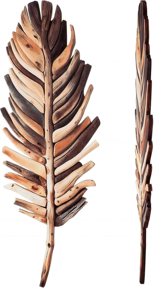 2 Pcs Wooden Driftwood Leaf Wall Art Decor Hanging Sculpture Farmhouse Botanical Hanging Living Room Bedroom Bathroom Kitchen Office Boho Home Decorations 16-5.5''(Vintage Brown)